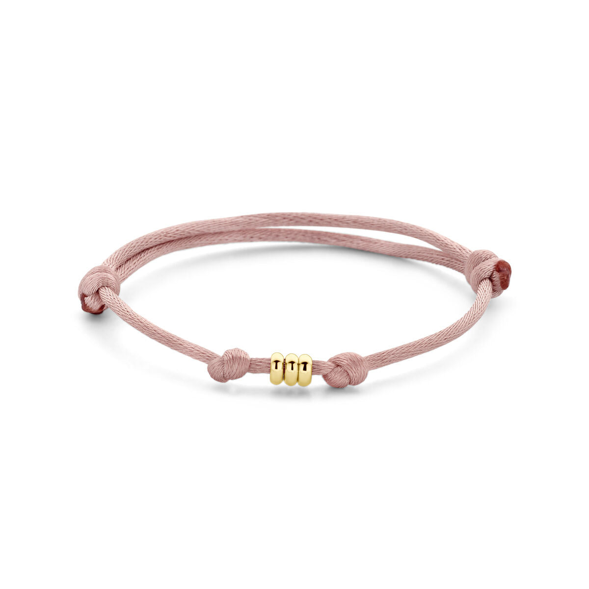 Pulsera de satén rosa suave con detalles en oro de 14K y cierre ajustable.