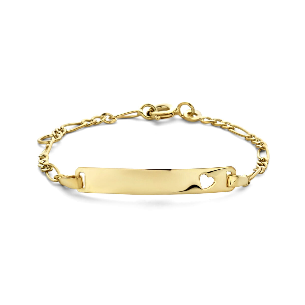 Pulsera de grabado en oro de 9 quilates con placa rectangular y corazón, de 4,0 mm.