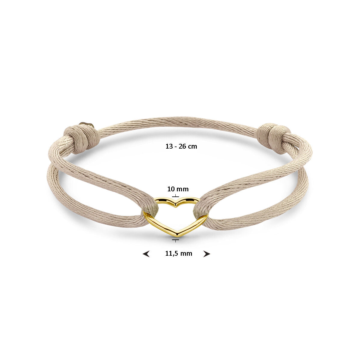 Van der Kooij Collectie armband satijn beige hart (13-26 cm) met een 14K gouden hartbedel, vervaardigd uit rubber, nylon en leer; ideaal als valentijnscadeau.