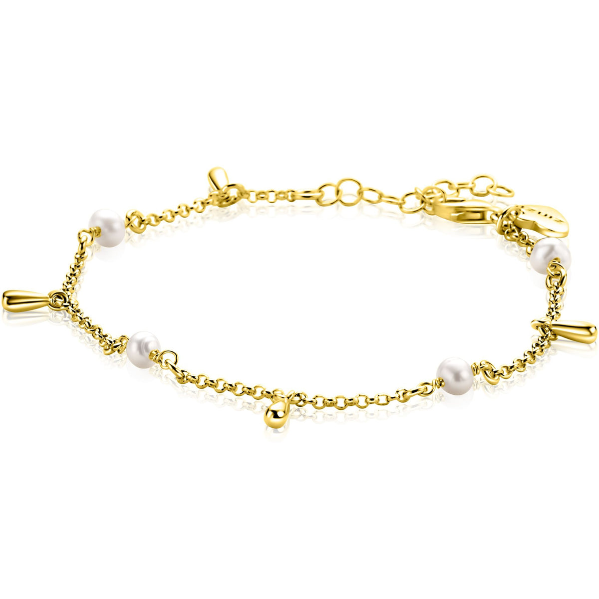 Pulsera dorada con detalles en forma de gota y perlas blancas.