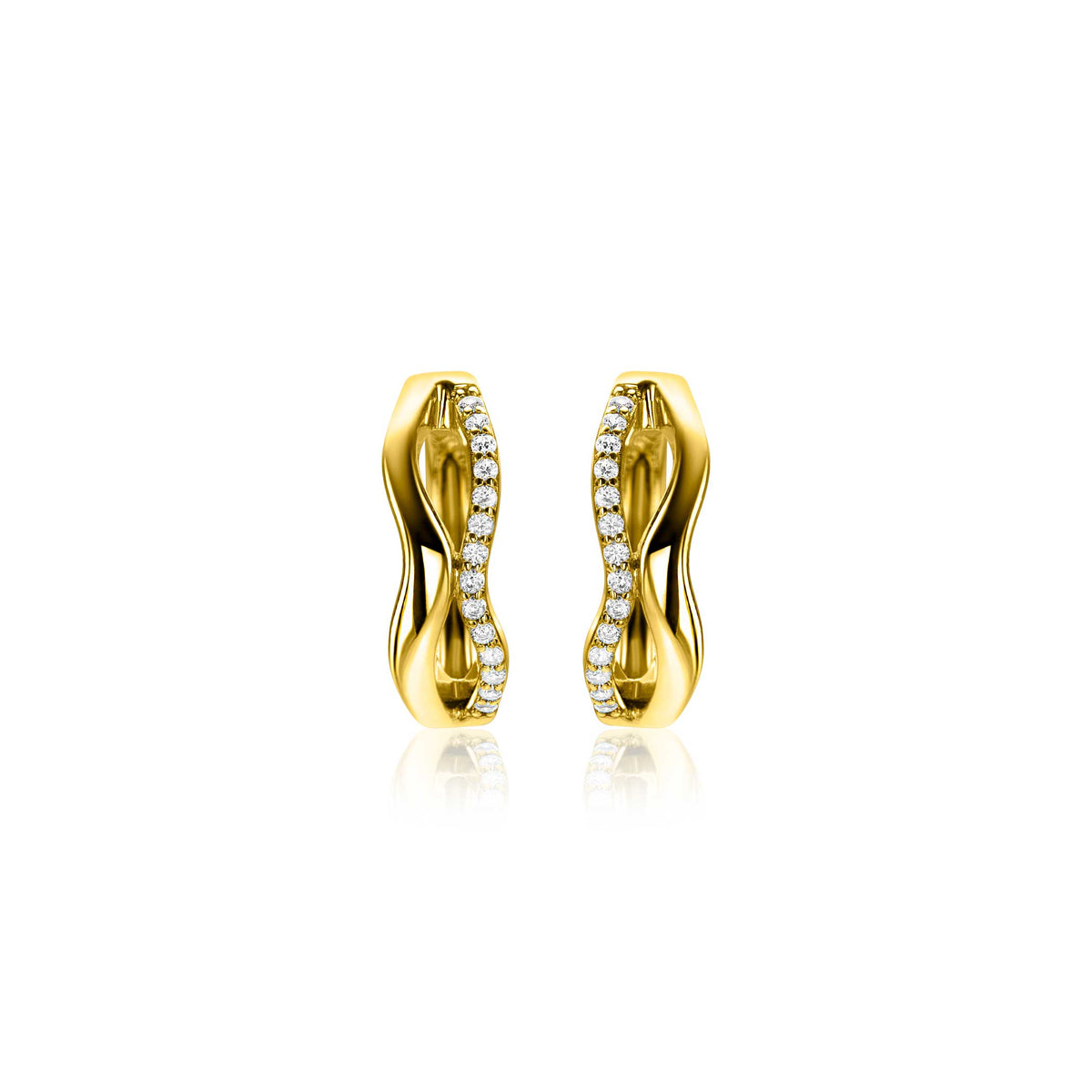 Pendientes de aro plateados con diseño ondulado y detalles de circonitas.