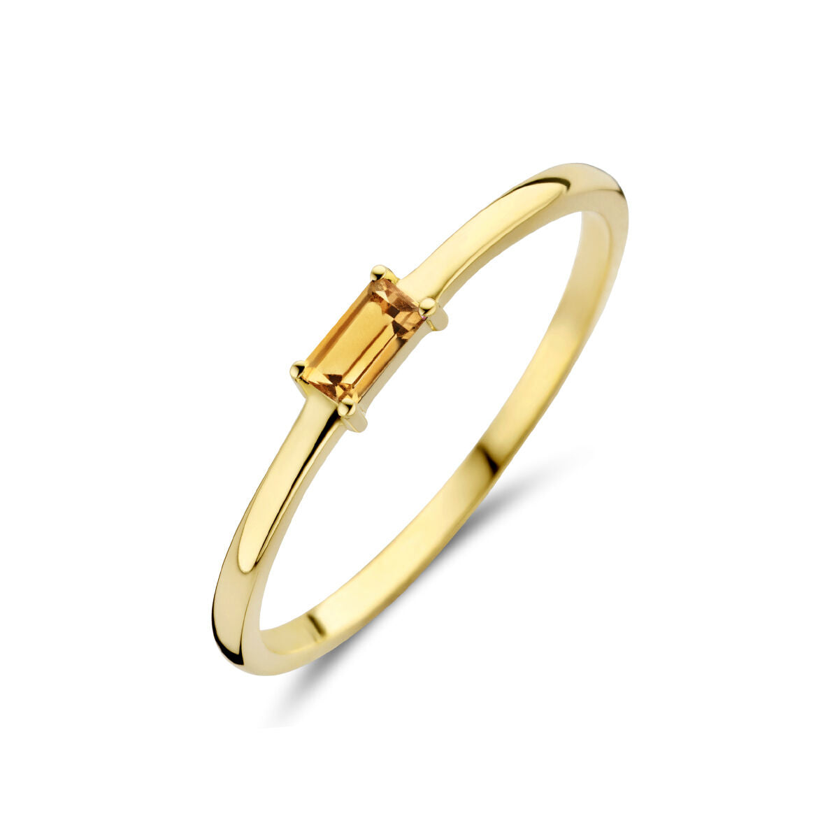 Anillo de oro amarillo de 14K con piedra de nacimiento citrino en corte rectangular.