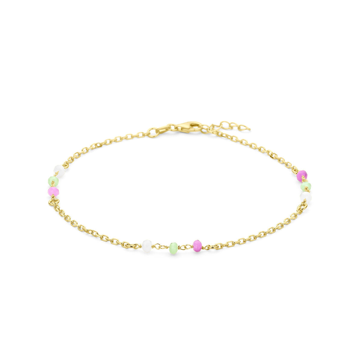 Pulsera de eslabones dorada con bolitas de cristal en varios colores, de 24 + 2 cm.
