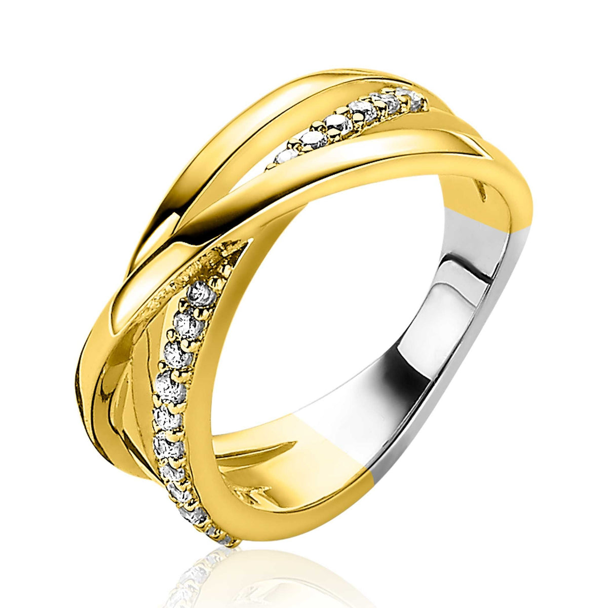 Anillo chapado en oro con diseño entrelazado y detalles de circonitas brillantes.