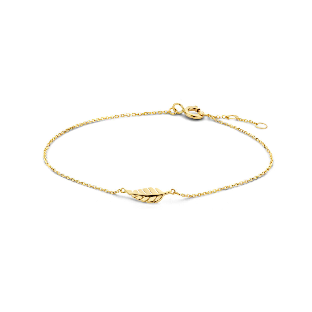 Pulsera color dorado con un colgante de hoja en el centro, elaborada en 9k.