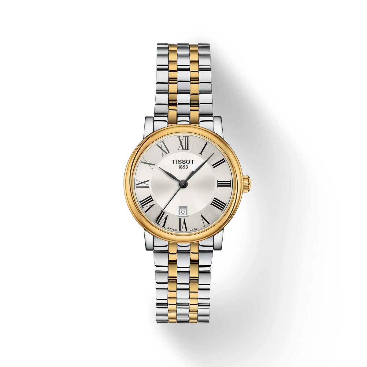 Reloj de dama Tissot Carson de 30 mm con esfera plateada, caja dorada y pulsera de acero bicolor.