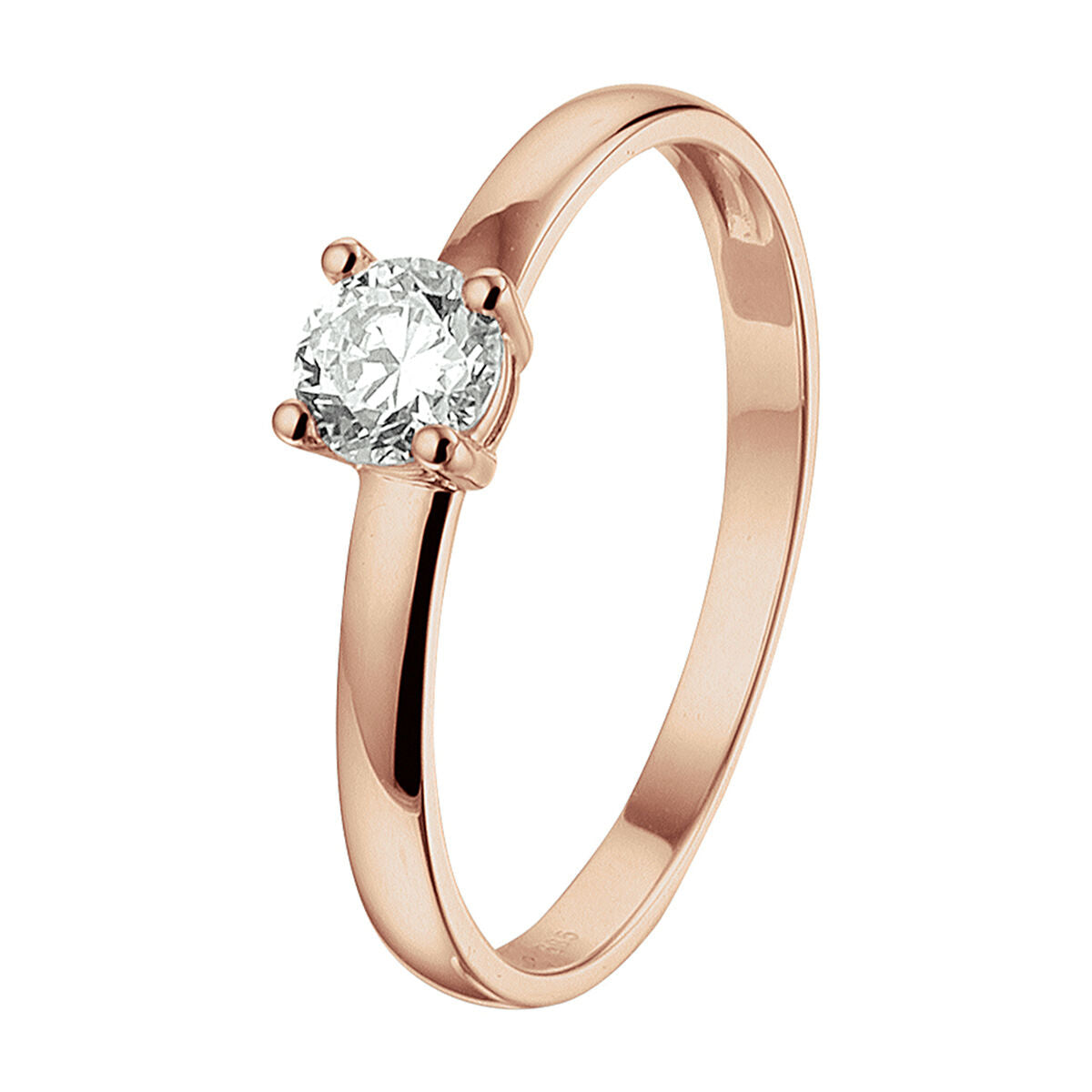Anillo de oro rosado de 14K con una piedra de circonia brillante en el centro.