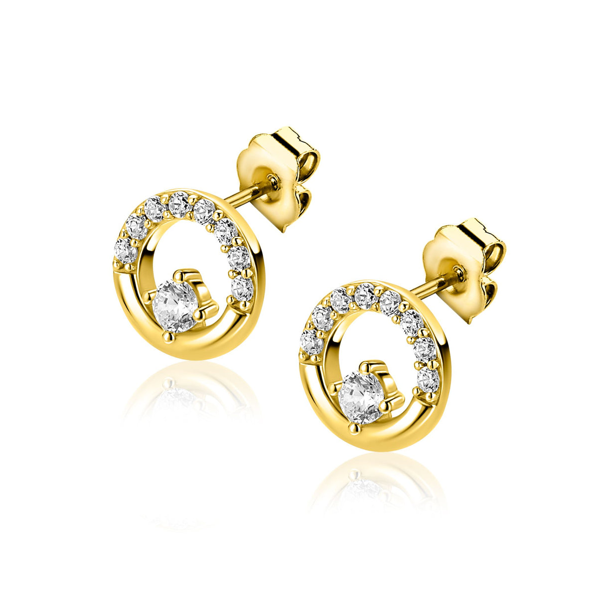 Pendientes de aro dorados con circonitas y diseño abierto.
