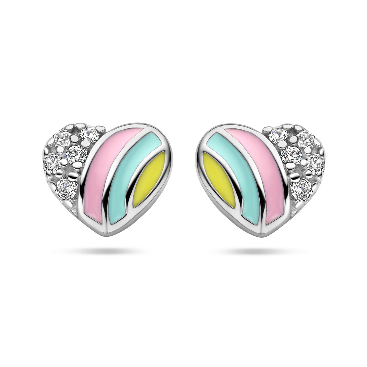 Pendientes de corazón en plata rodiada con zircón y detalles en colores pastel.