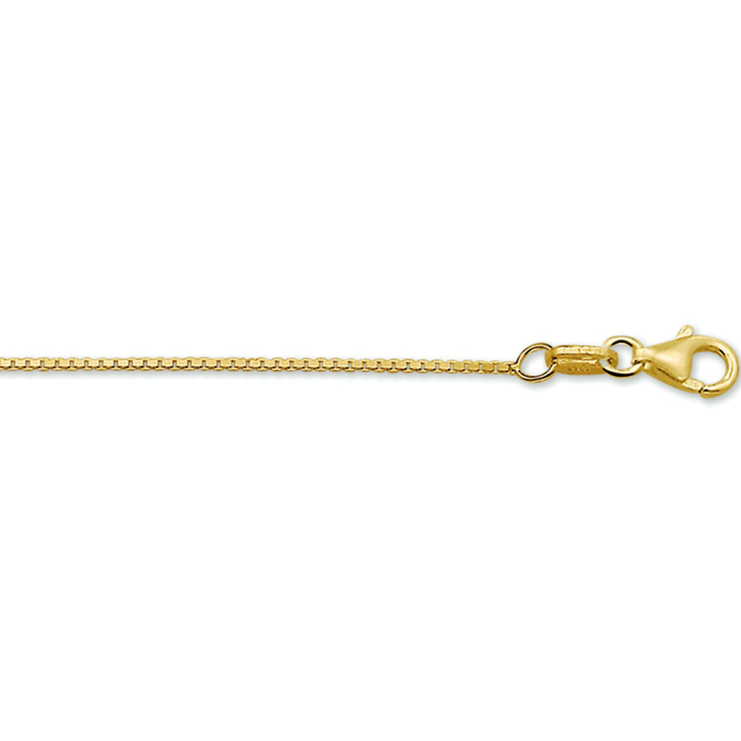 Een close-up van het Van der Kooij Collectie collier venetiaans 0,9 mm in 14K geelgoud met karabijnsluiting, afgebeeld op een effen witte achtergrond.