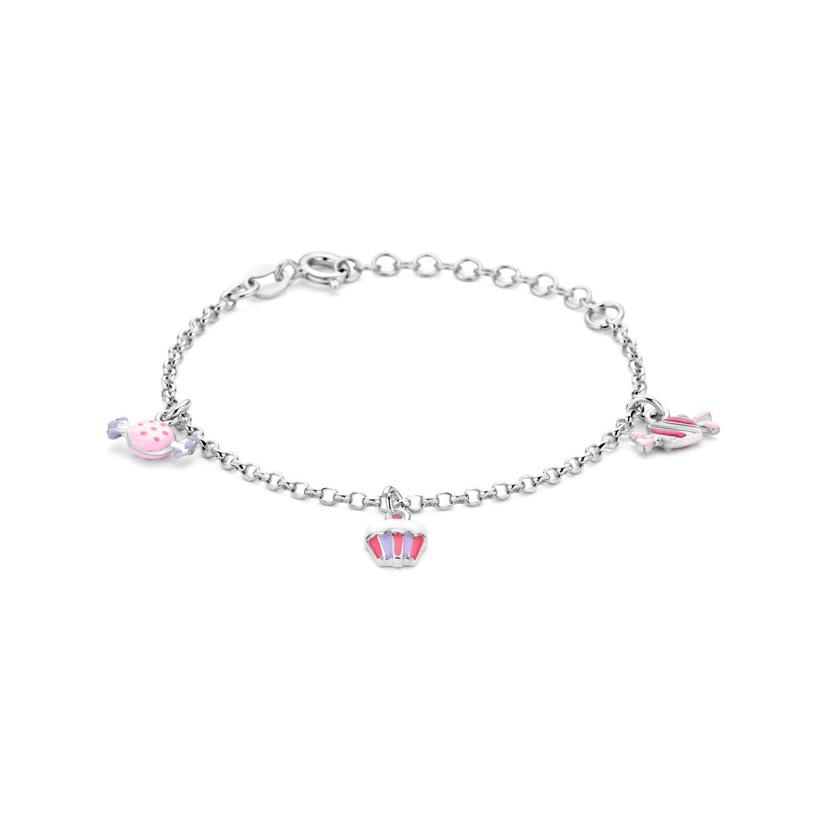 Pulsera infantil de plata rodiada 925 con acentos de color y charms de cupcake, taza y zapatilla.
