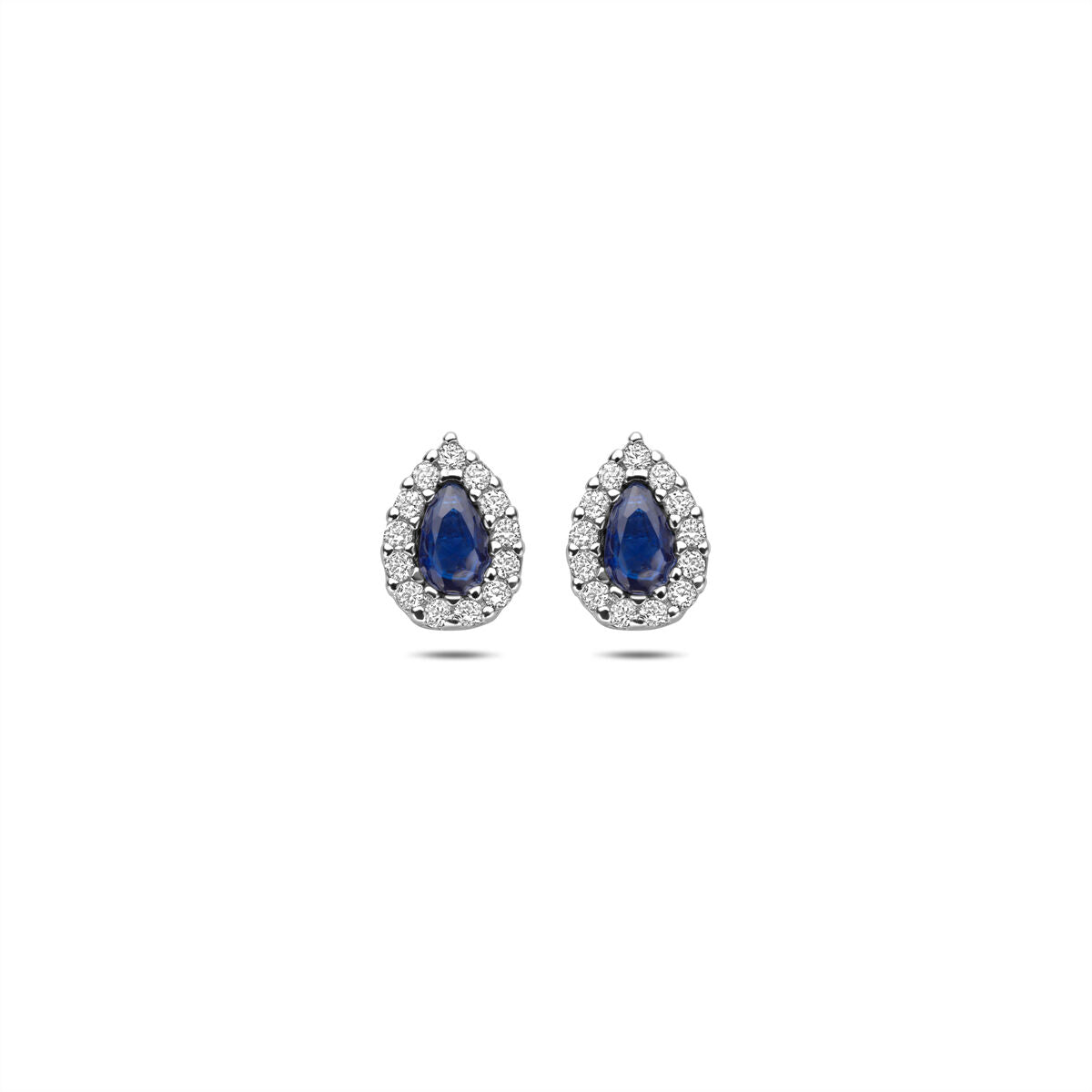 Pendientes de primera puesta de plata rodiada con zafiro y circonitas en forma de pera.