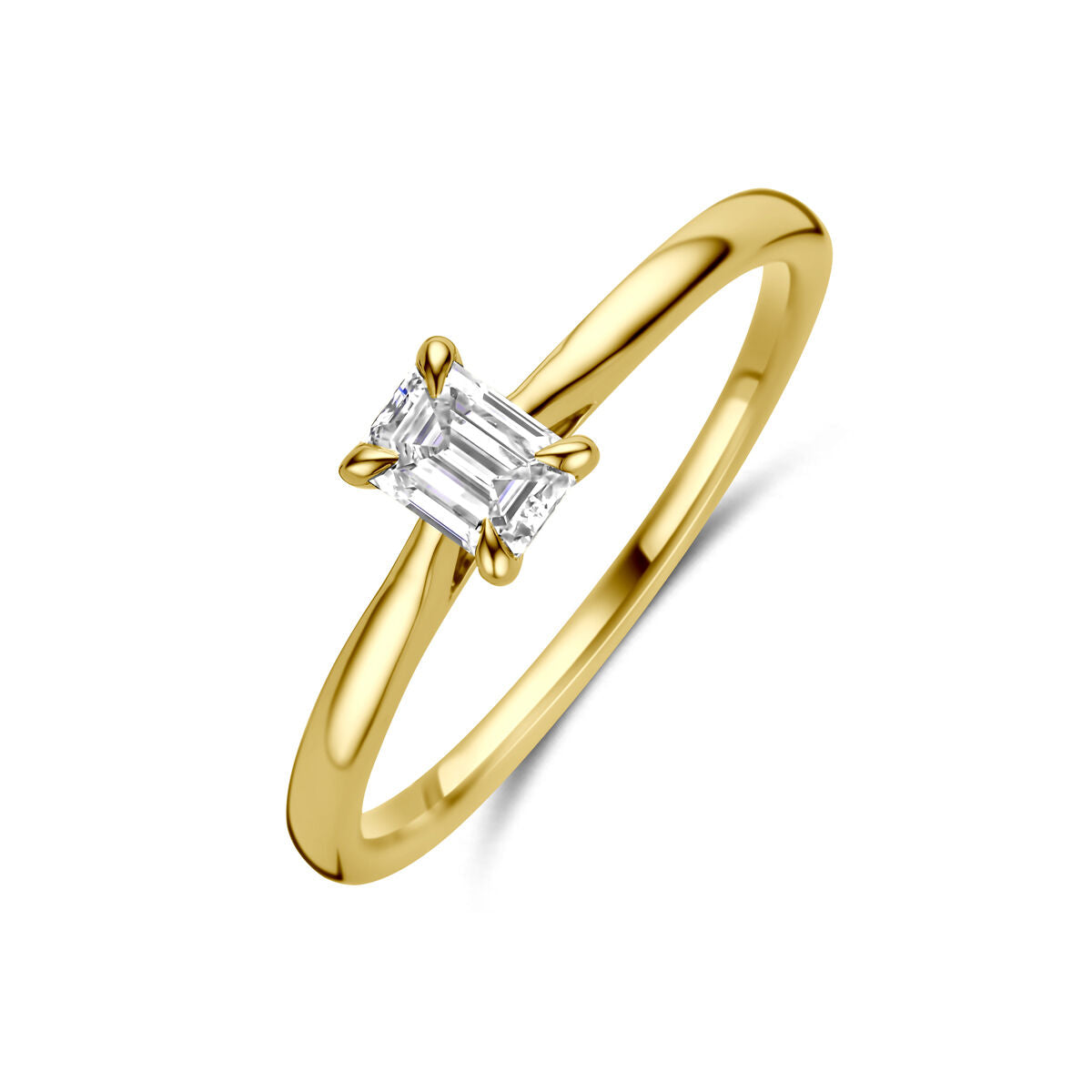 Anillo de oro amarillo de 14K con diamante lab-grown de 0.50 ct en corte esmeralda.