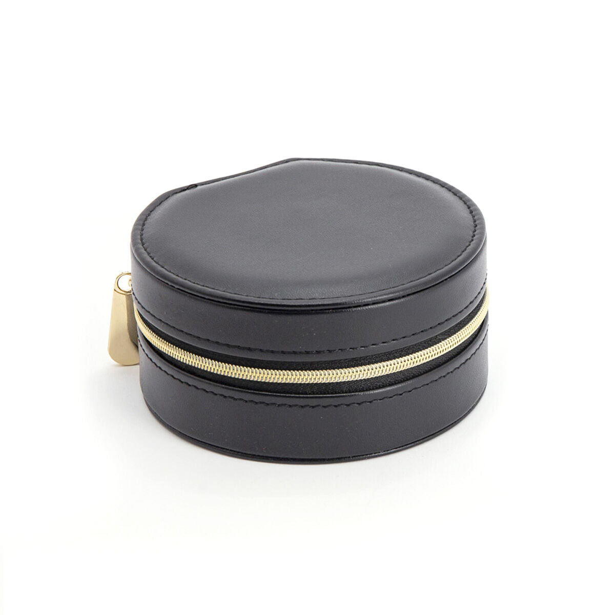 Caja de joyería negra con detalles dorados y forma redonda.
