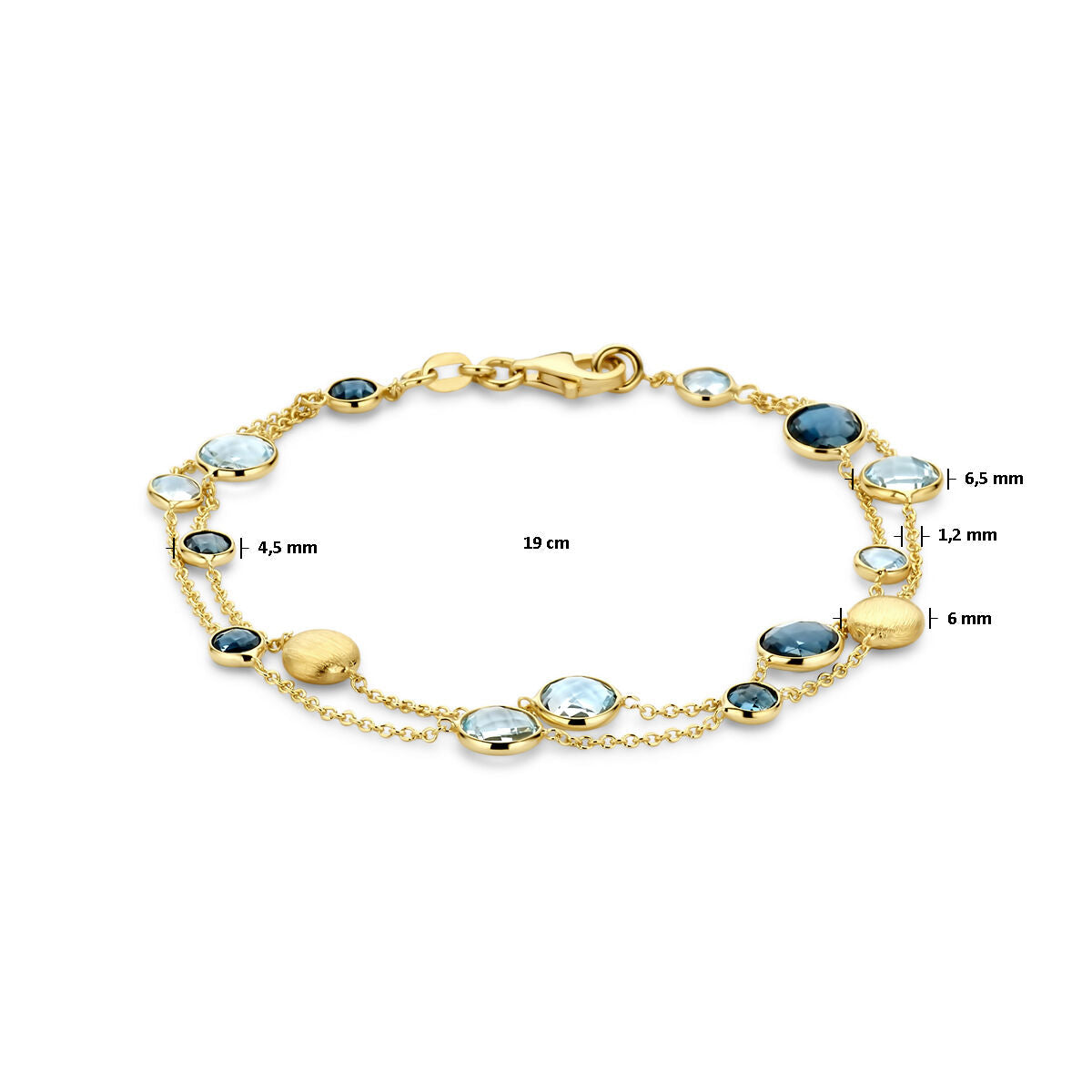 pulsera de círculos, topacio azul cielo y topacio azul londres 19 cm 14K oro amarillo