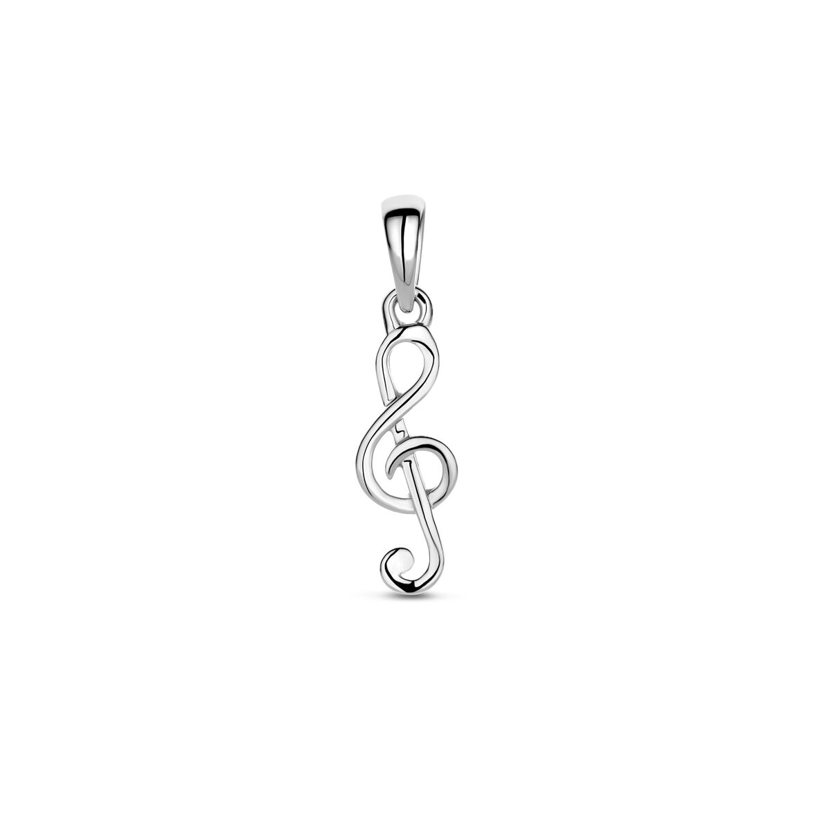 Colgante de nota musical de 22 mm en plata rodiada con diseño elegante y curvado.