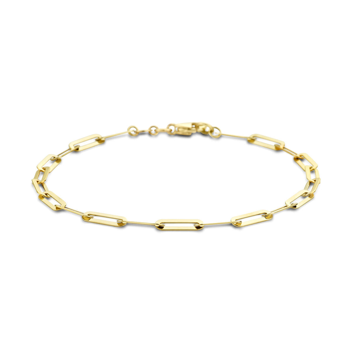 Pulsera dorada de mujer estilo paperclip, plana, de 14 quilates.