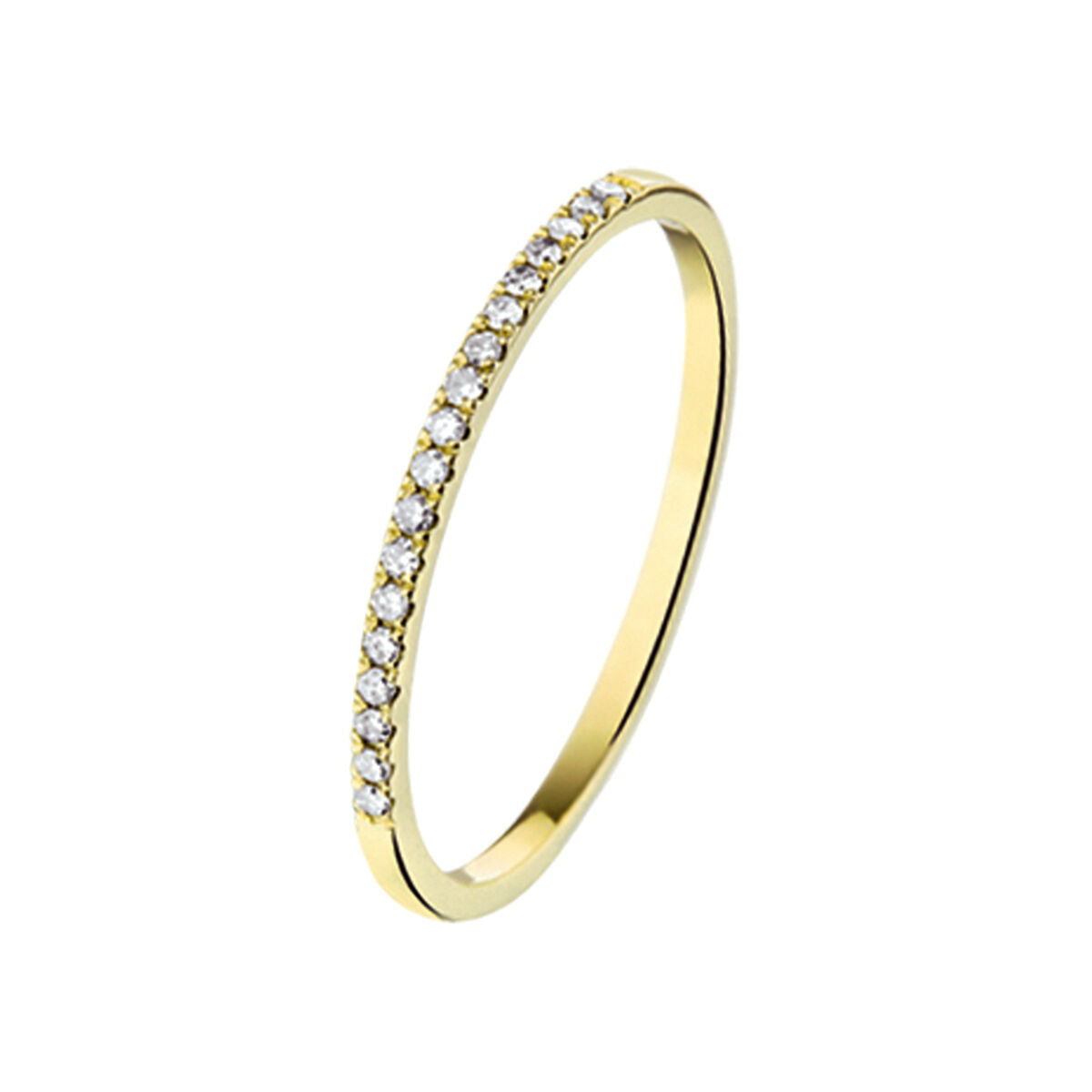 Anillo de oro amarillo de 14K con diamantes de 0.09 ct en un diseño delgado.