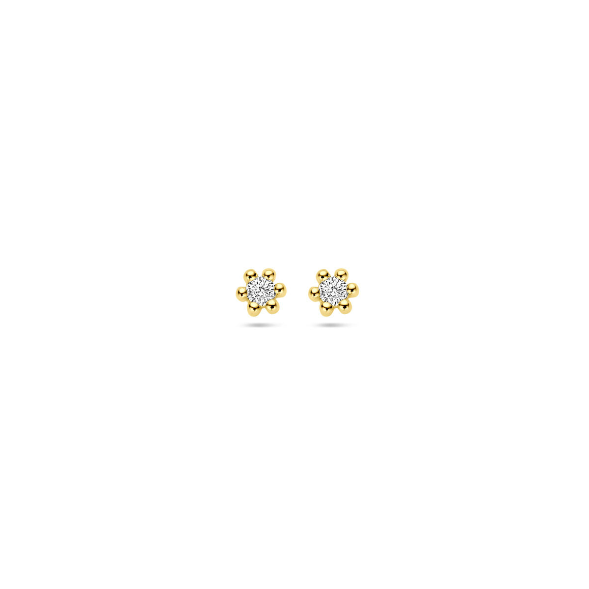 Pendientes de primera puesta en oro amarillo de 14K con diamantes de 0.04 ct en forma de flor.