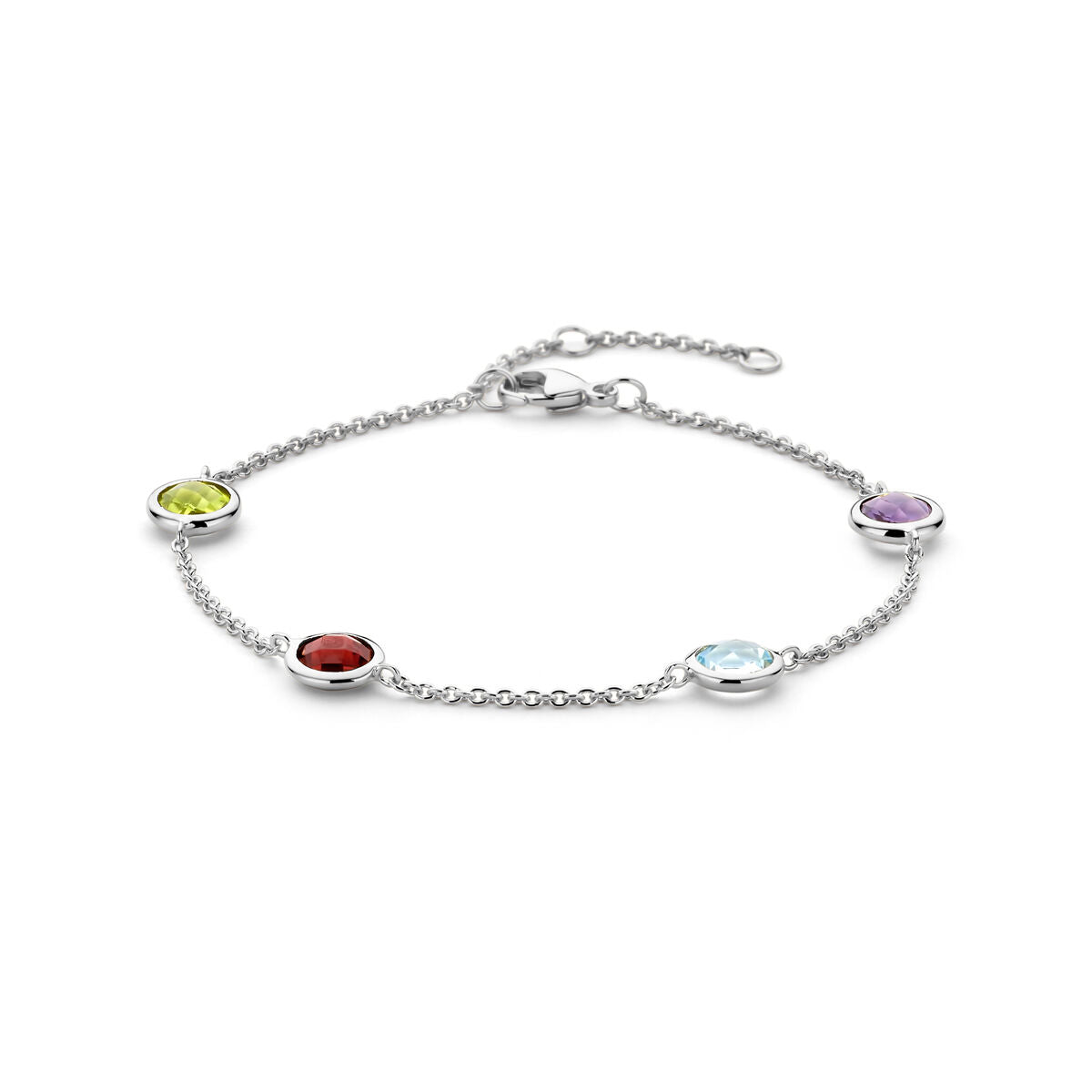 Pulsera de plata con piedras de colores, acabado rodiado, con cuatro gemas engastadas.