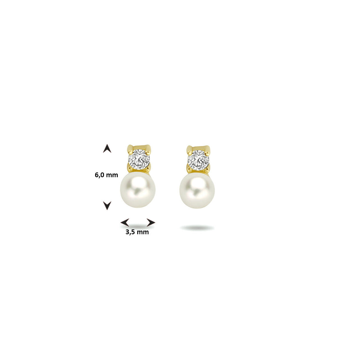 oorknoppen parel en zirkonia 14K geelgoud