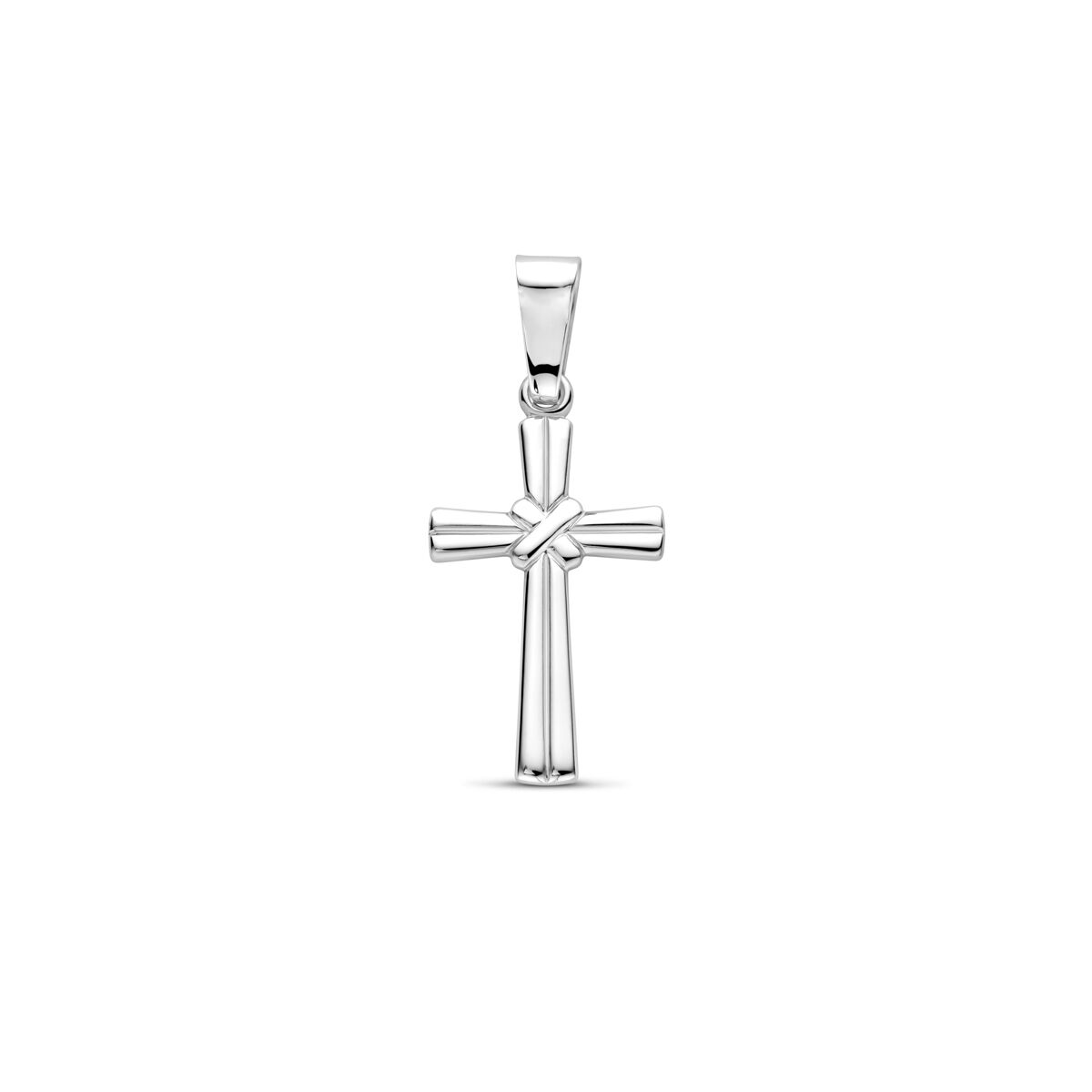 Colgante de cruz de 26 mm en plata rodiada con un diseño liso y moderno.