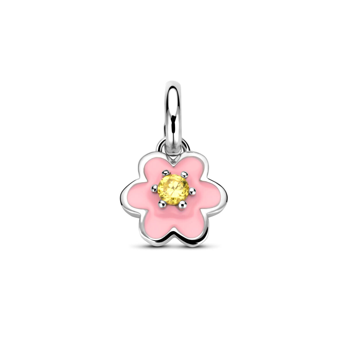 Colgante plateado con flor de esmalte rosa y circonita amarilla en el centro, mide 12 x 8 mm.