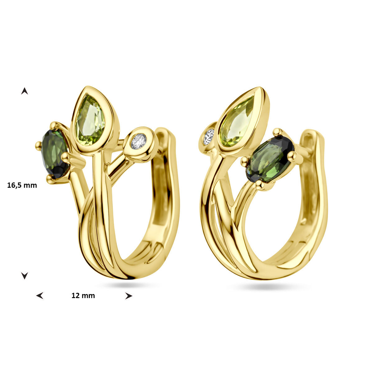 aros de toermalina verde, peridoto y diamante 0.03ct (2x 0.015ct) h si oro amarillo de 14K