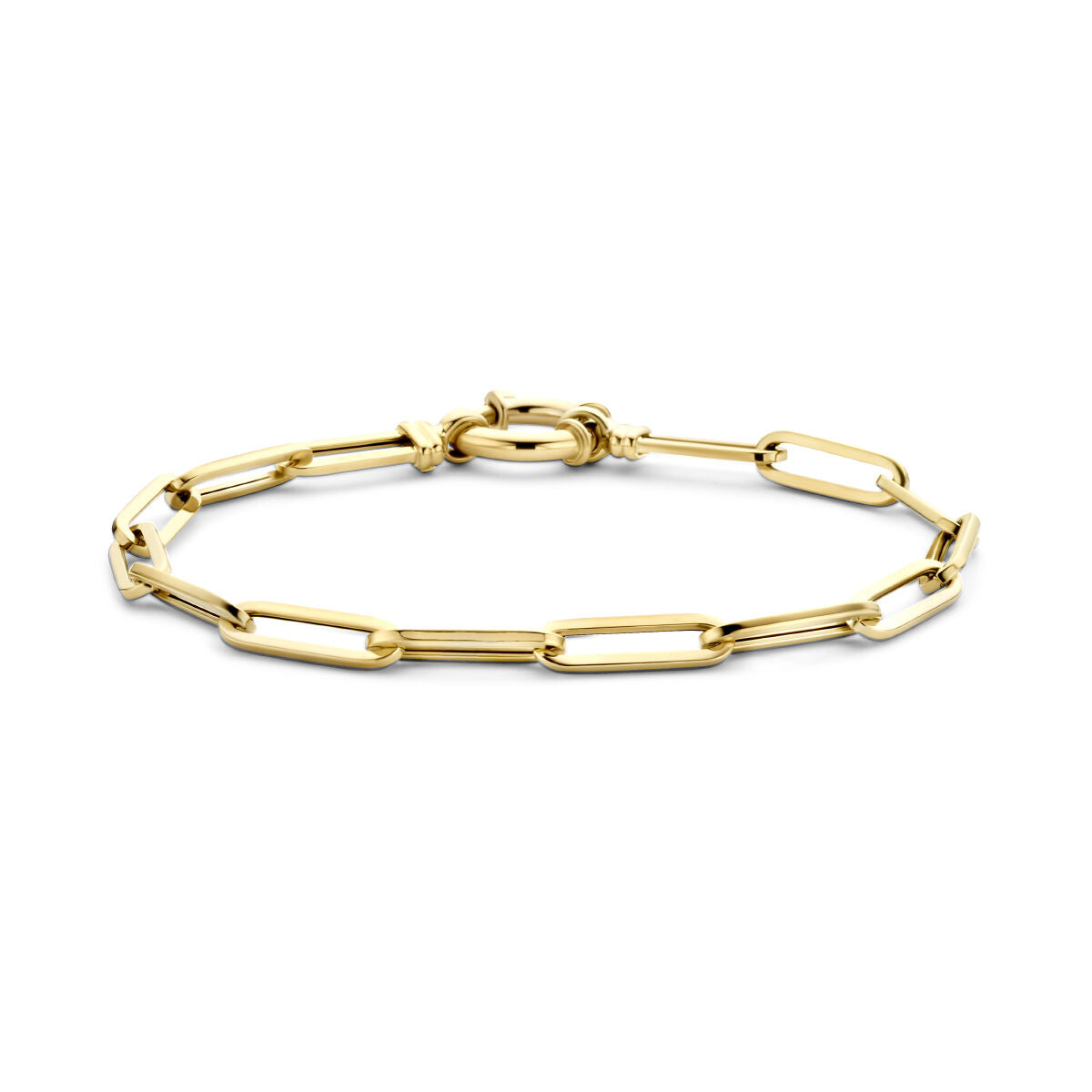 Pulsera dorada de mujer tipo paperclip con tubos cuadrados y gran cierre de resorte en 14K.