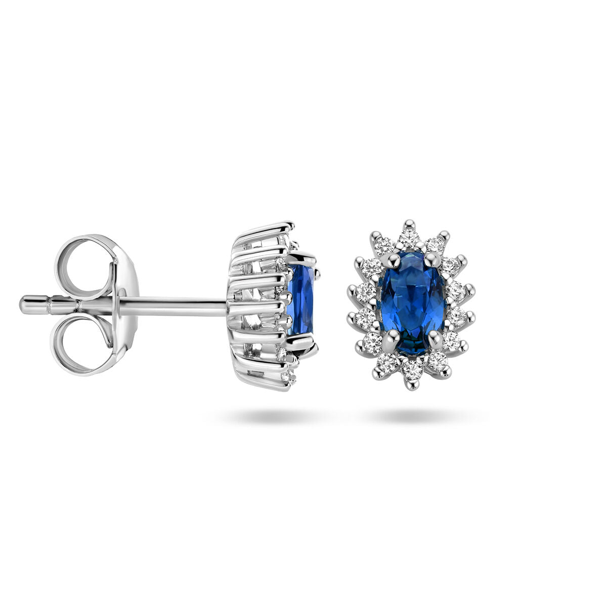 pendientes de botón sintético zafiro y zirconia halo plata rodiada