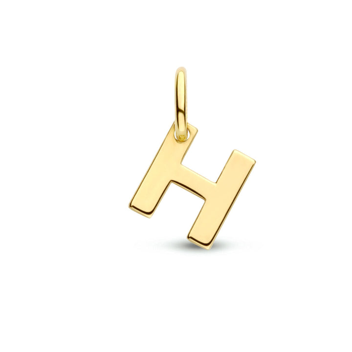 De hanger letter 14K geelgoud uit de Van der Kooij Collectie is een hanger van 14K geelgoud in de vorm van de letter H met een lus aan de bovenkant voor een ketting, afgebeeld op een effen witte achtergrond.