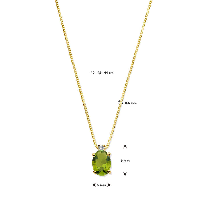 Van der Kooij Collectie collier toermalijn en diamant: 14K geelgouden ketting met groene toermalijn hanger (9x5 mm) en diamant 0.02ct H SI, verstelbaar op 40, 42 of 44 cm.