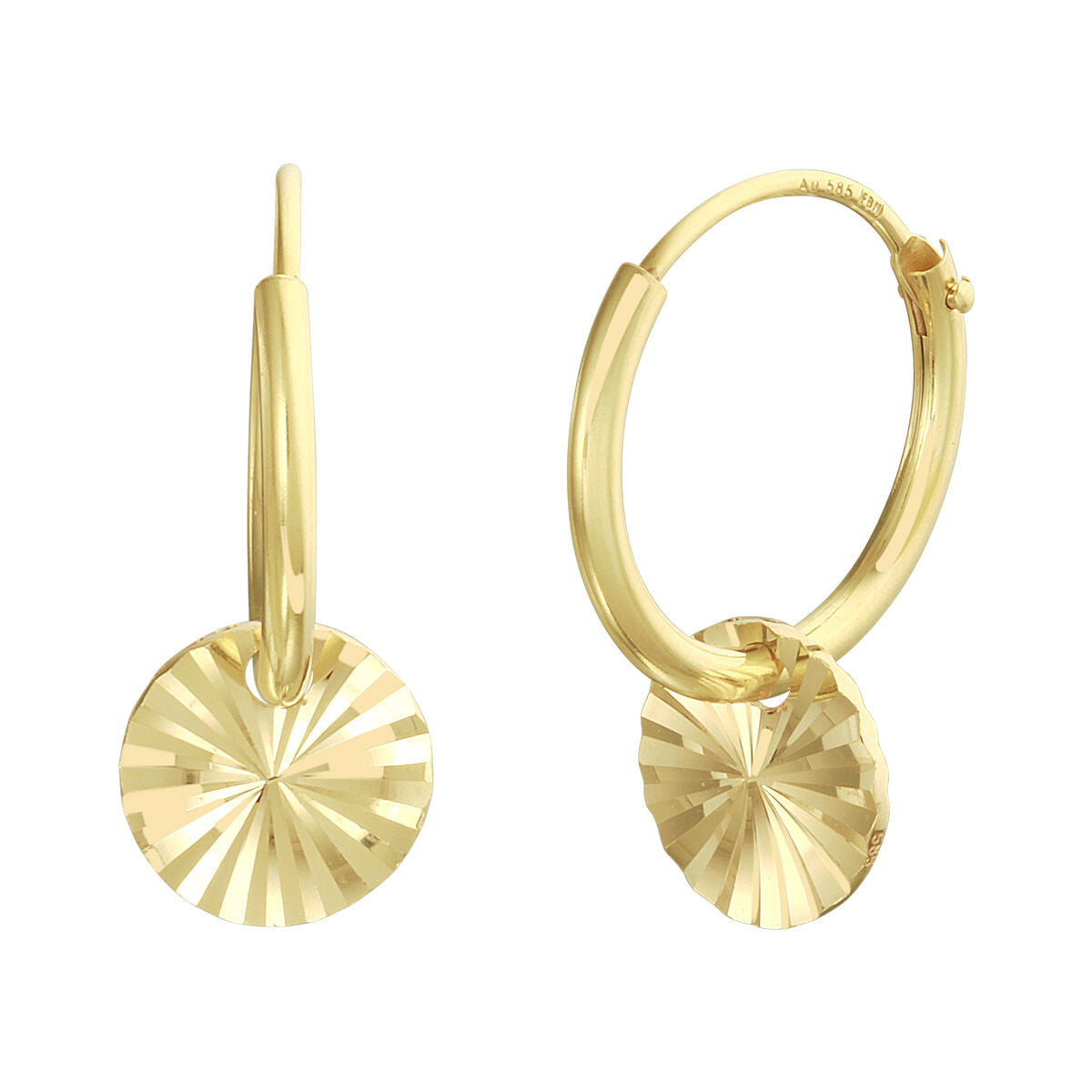 Aros de oro amarillo de 14K con disco diamanteado.
