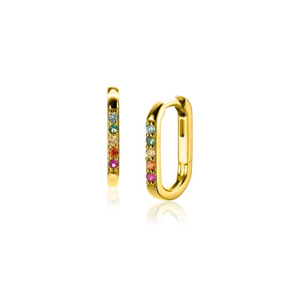 Pendientes de aro dorados con piedras de colores brillantes.