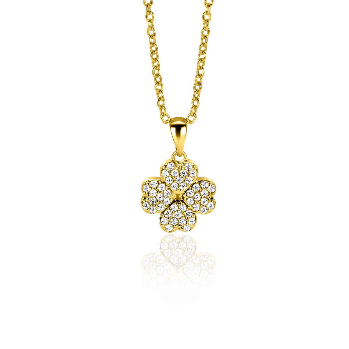 Colgante dorado en forma de flor con piedras brillantes y cadena delicada.