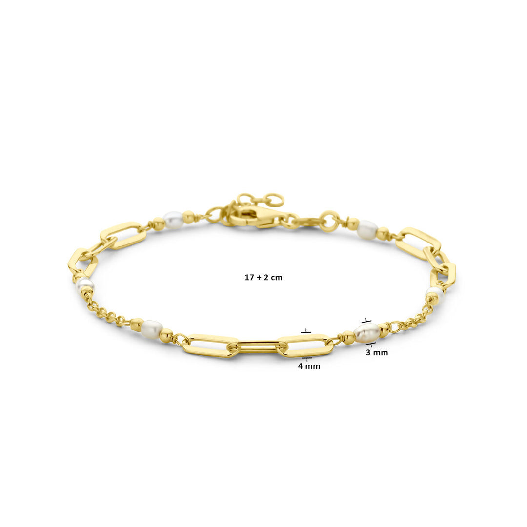 Van der Kooij Collectie armband parels 17 + 2 cm, 3 micron geel zilver verguld, met goudkleurige ketting, langwerpige schakels van 4mm en kleine kralen van 3mm plus witte zoetwaterparels.