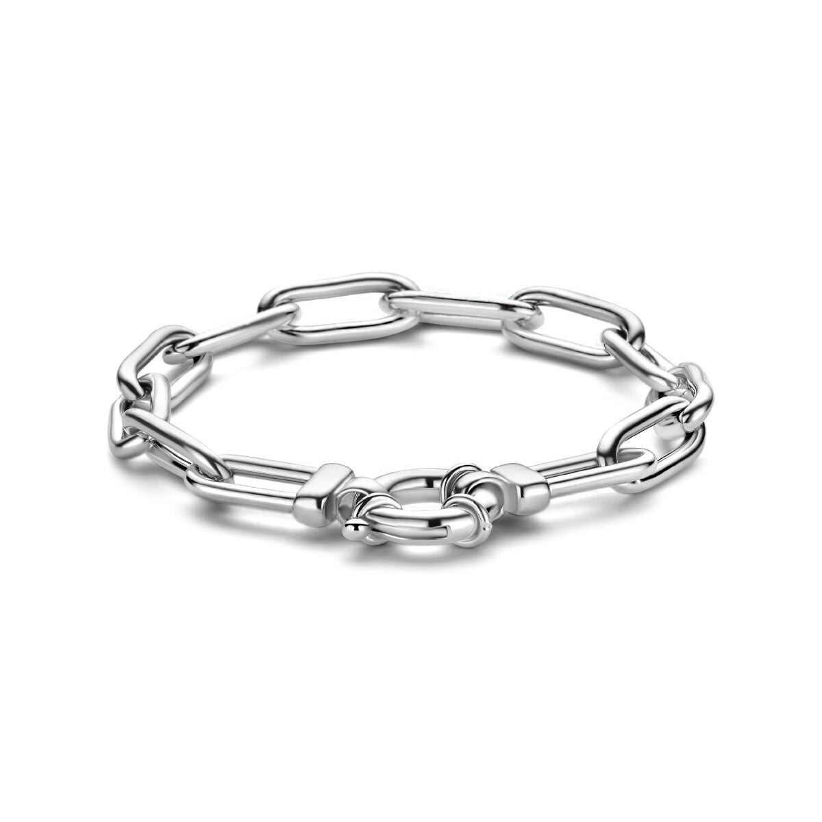 Pulsera de eslabones tipo paperclip de 19 cm con gran cierre de muelle en plata rodiada.