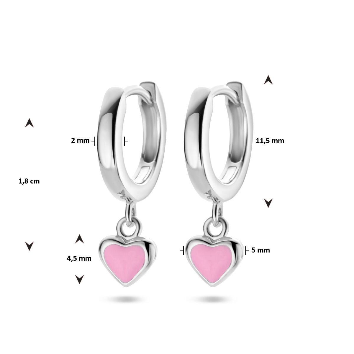 Van der Kooij Collectie klapoorringen hart zilver gehodineerd: elegante 11,5 mm hoops met roze hartjes (5x4,5 mm), totale lengte 1,8 cm – ideaal voor kinderen of als lief Valentijn cadeau.
