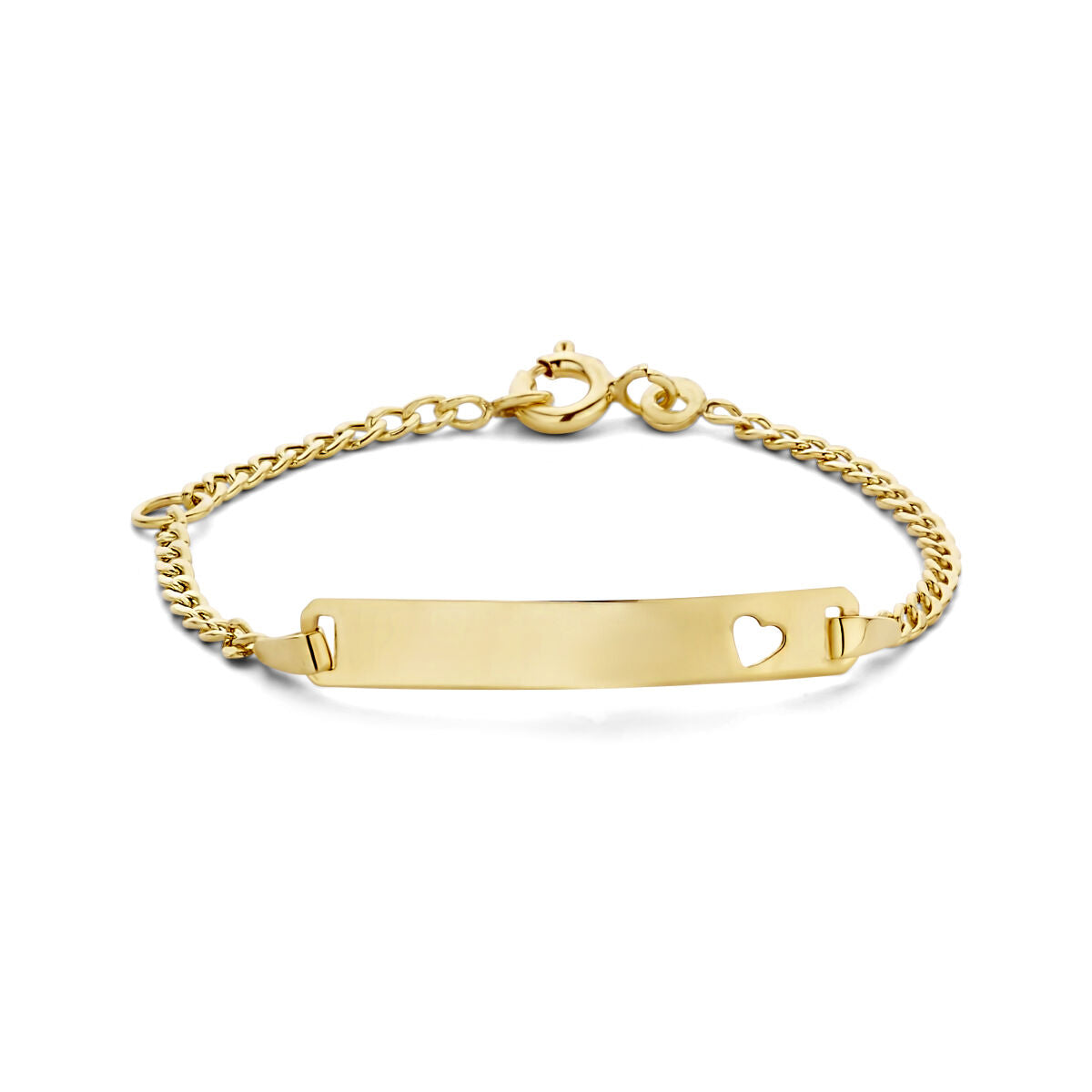Pulsera de grabado en oro de 9 quilates con placa rectangular y corazón.