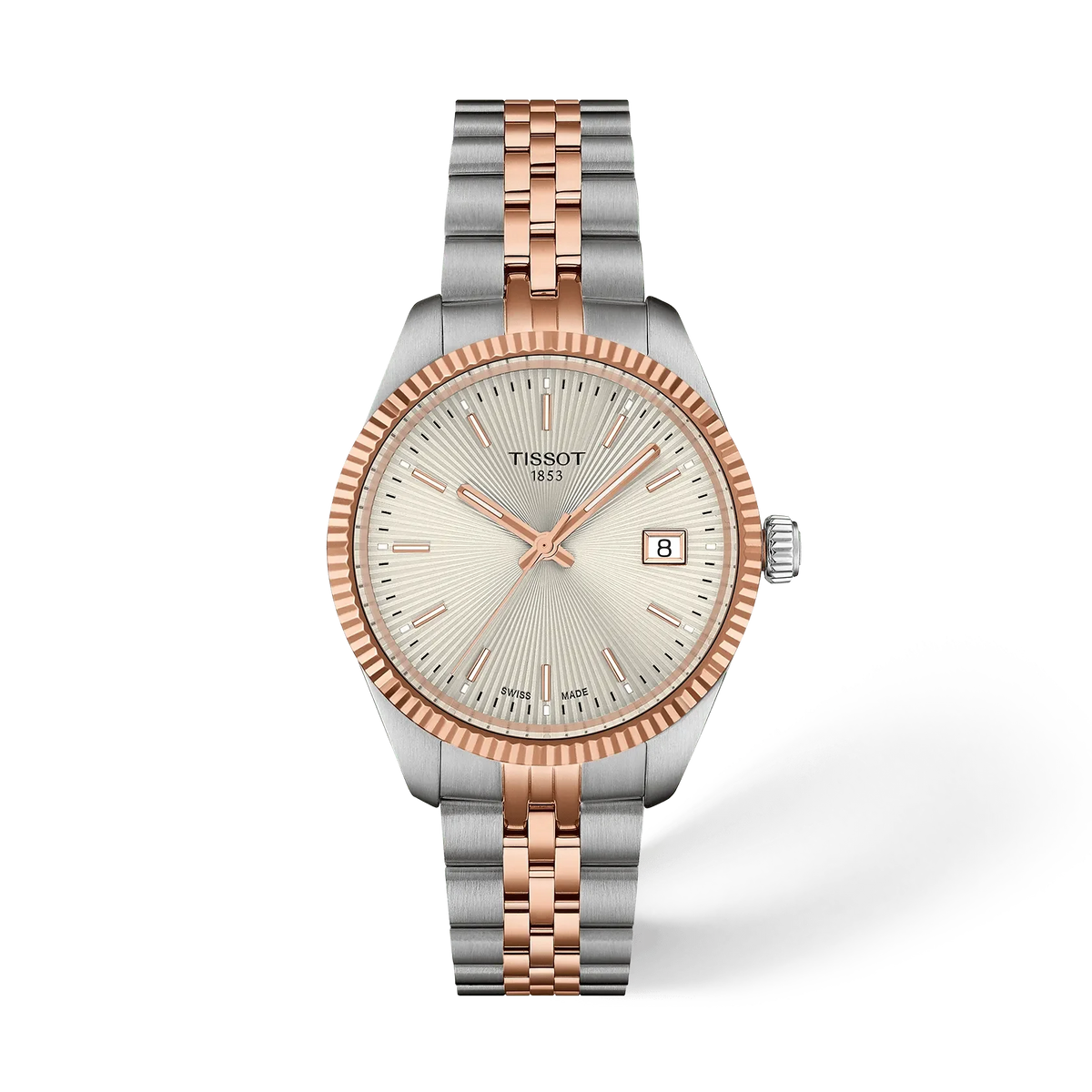 Reloj Tissot de 34 mm con caja bicolor, esfera plateada y bisel en tono rosado.
