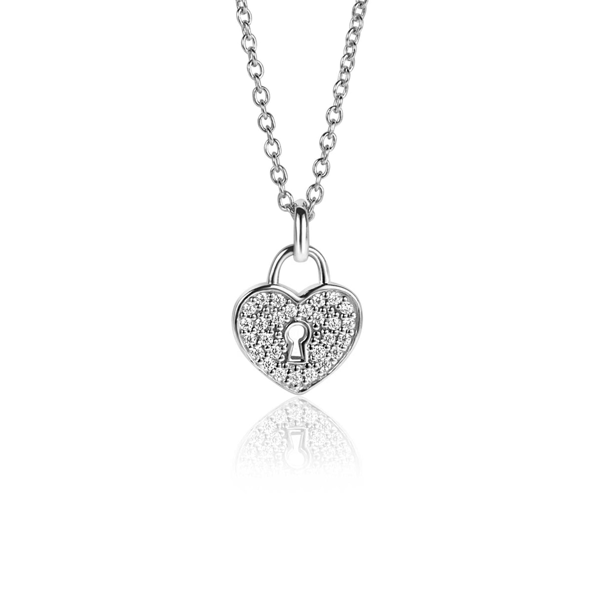 Colgante en forma de corazón plateado con un diseño de cerradura y adornos de piedras brillantes.