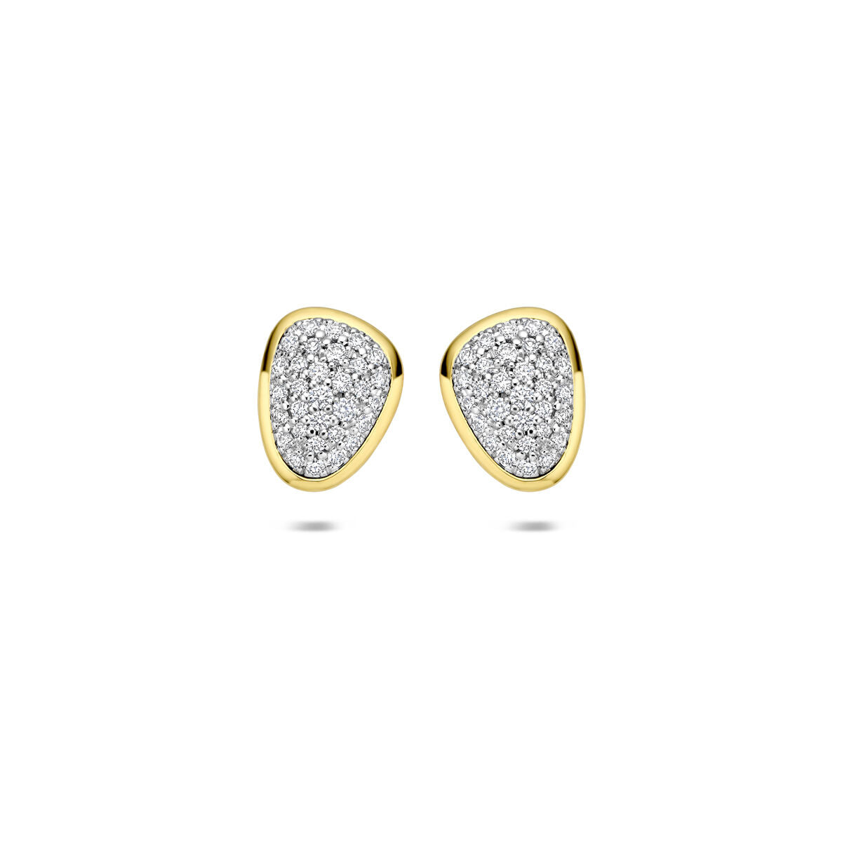 Pendientes bicolor de 14k con diamantes de 0.35 ct, forma irregular y acabado brillante.