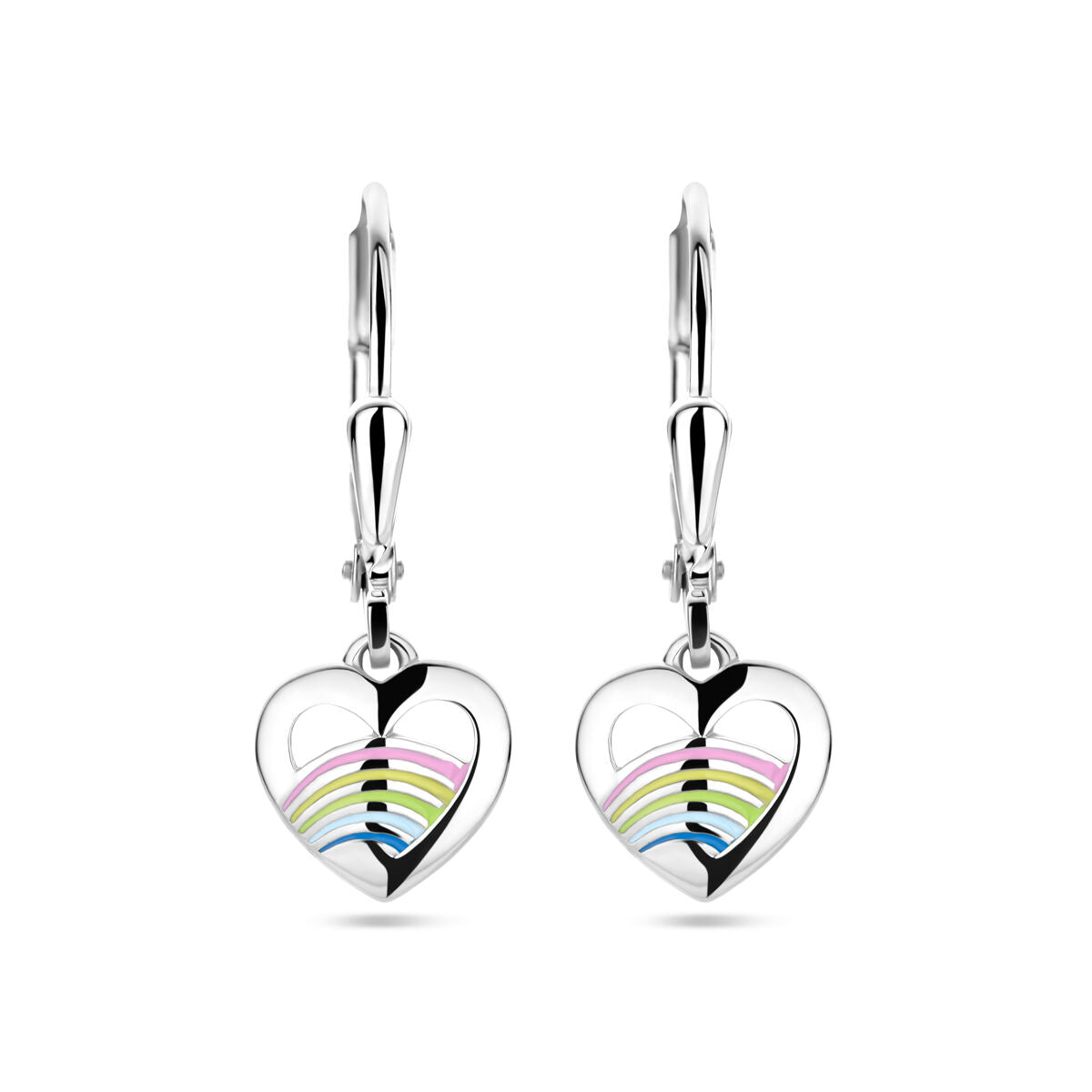 Pendientes largos de corazón con esmalte en colores y acabado de plata rodiada.