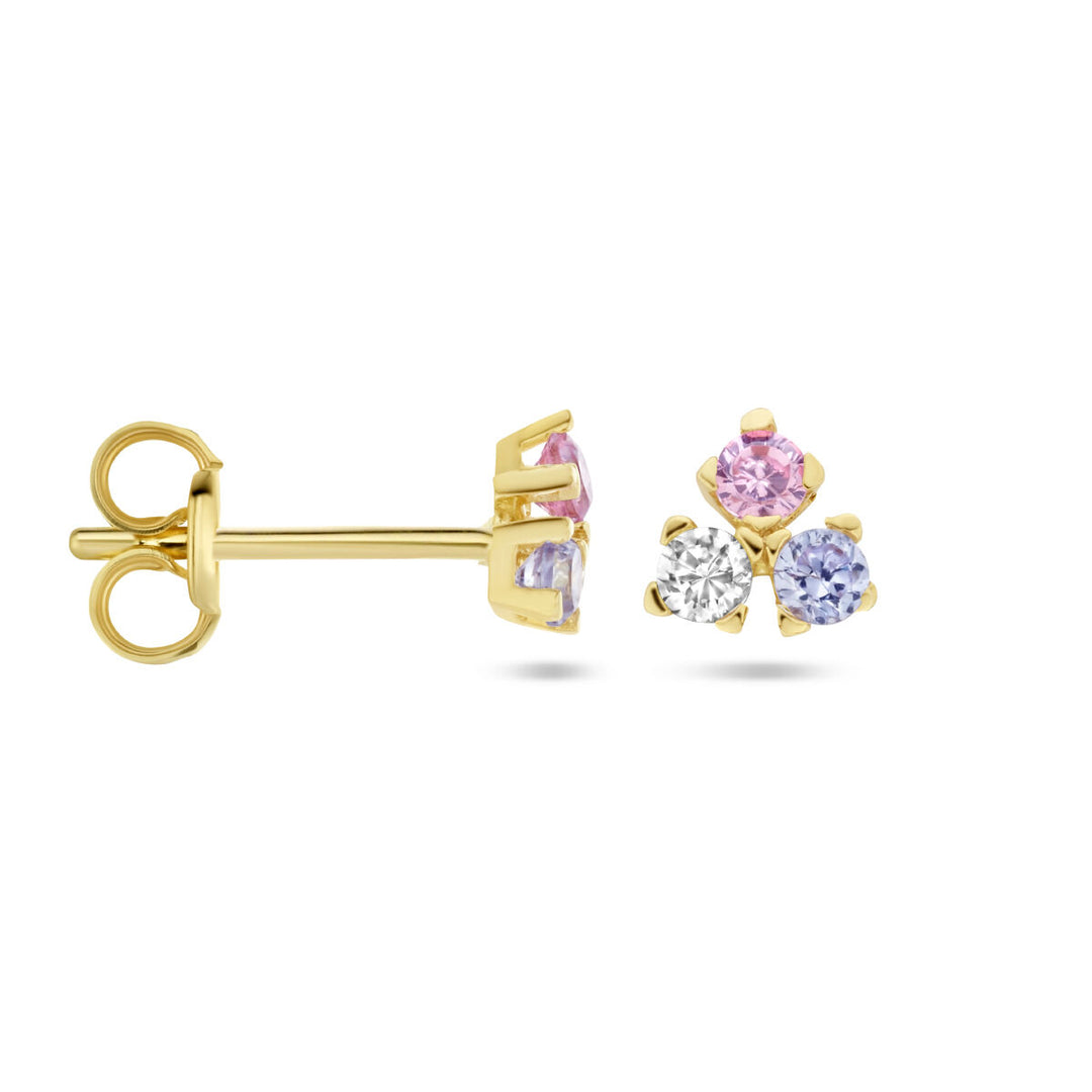 oorknoppen blauw, roze en wit zirkonia 14K geelgoud