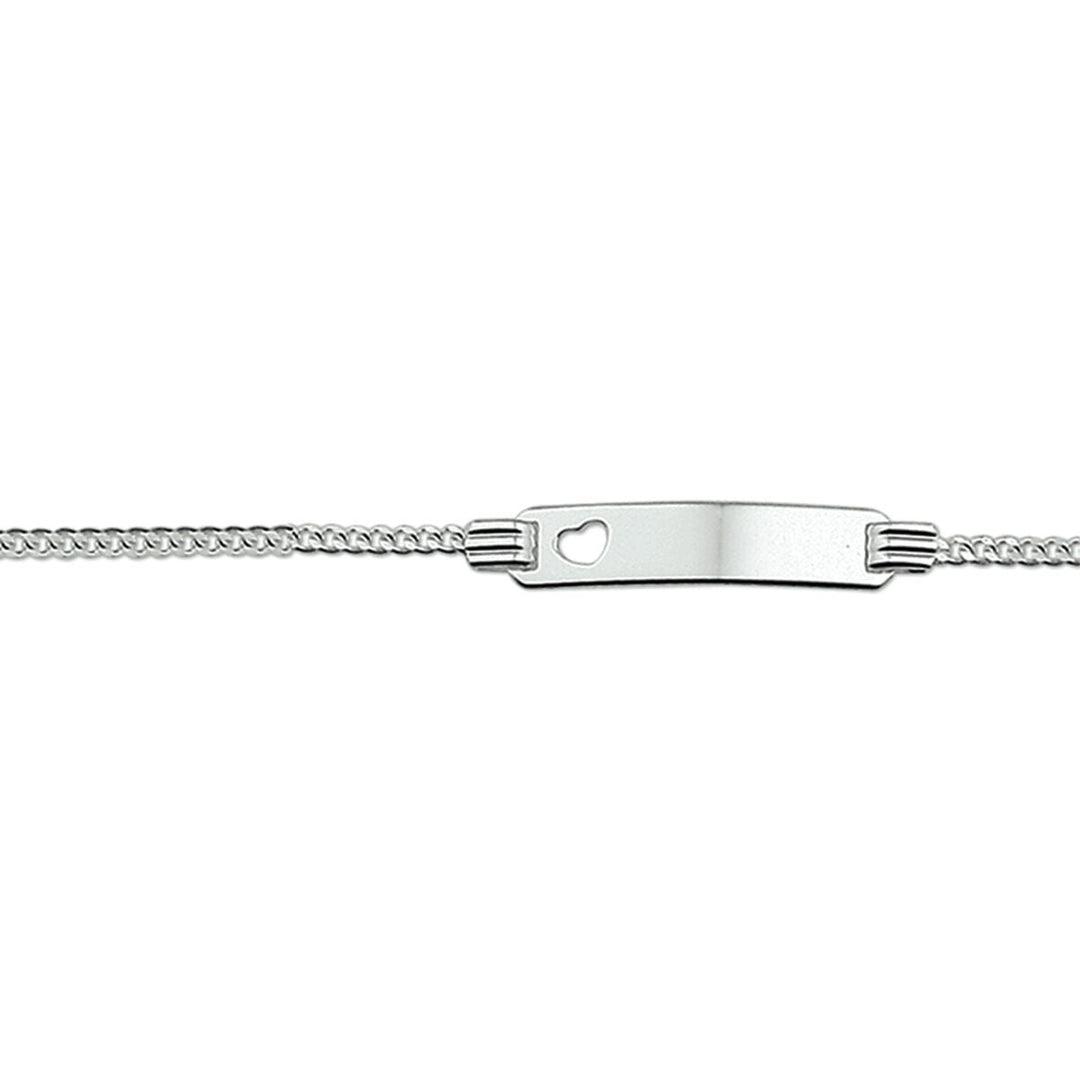 Pulsera gourmet de plata rhodium con placa para grabar y detalle en forma de corazón.