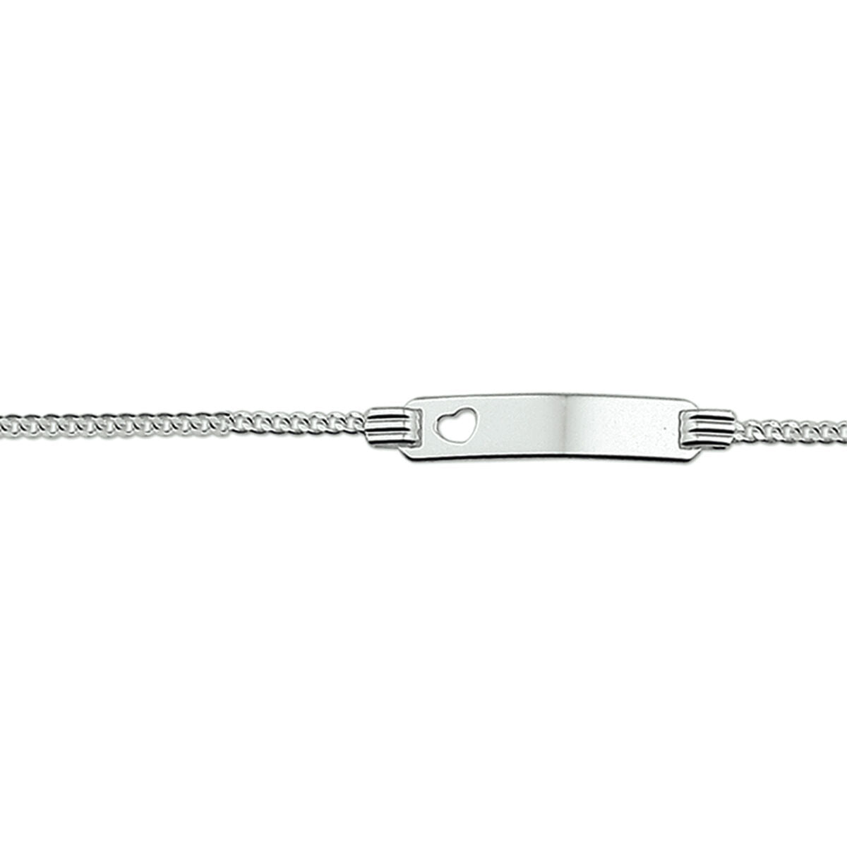 Pulsera gourmet de plata rhodium con placa para grabar y detalle en forma de corazón.