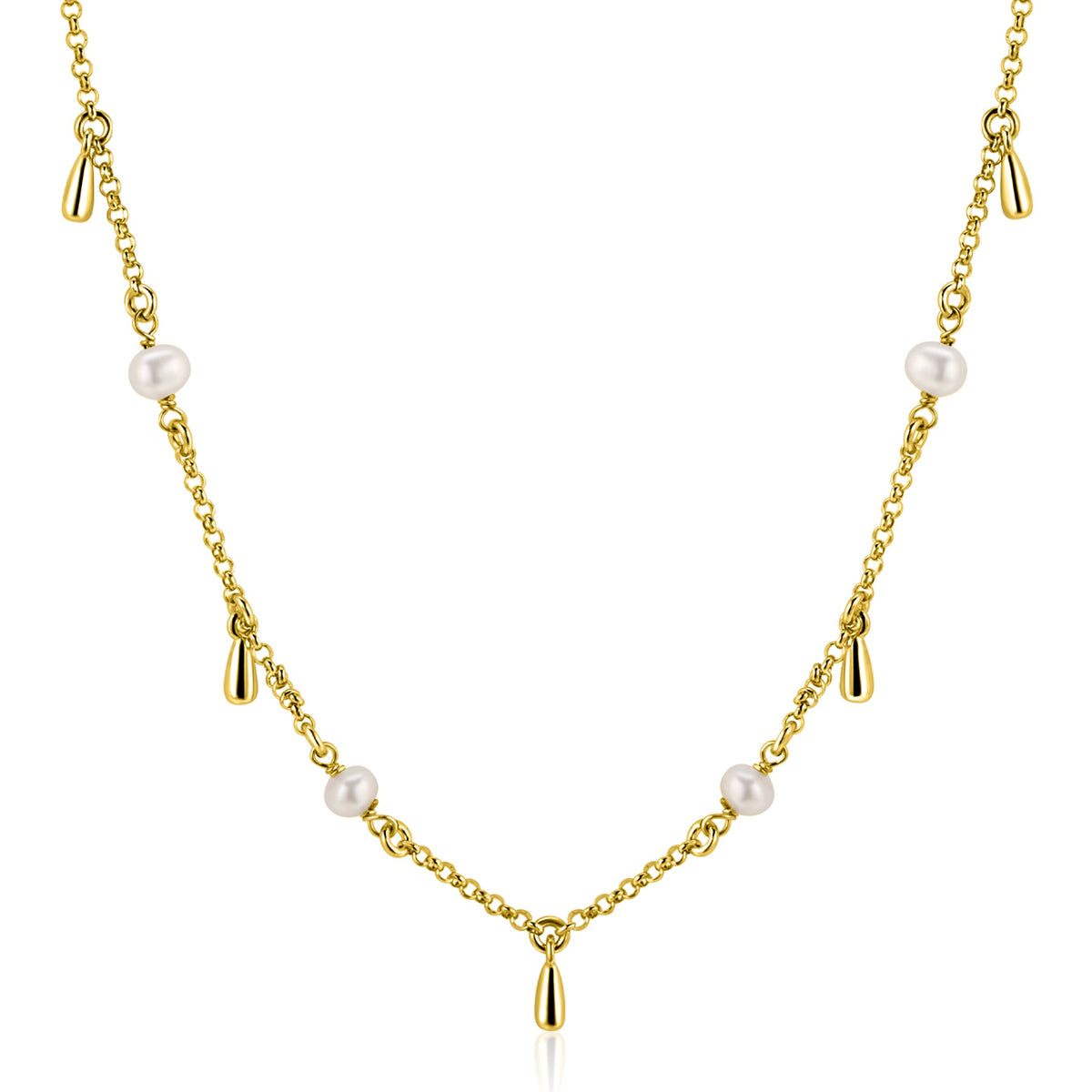 Cadena dorada con perlas y colgantes en forma de gota.