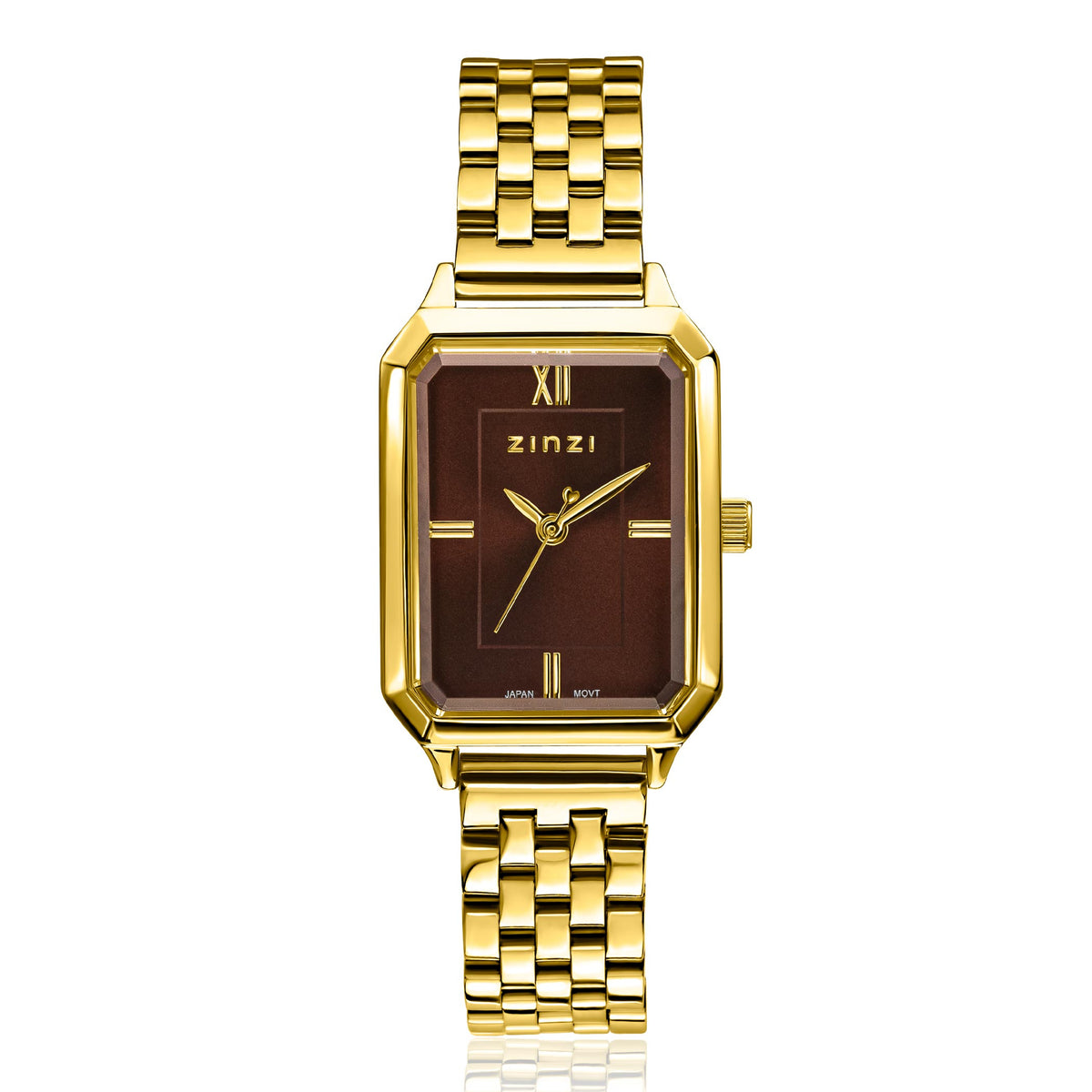 Reloj dorado de 30 mm con caja rectangular y esfera marrón, correa de eslabones.