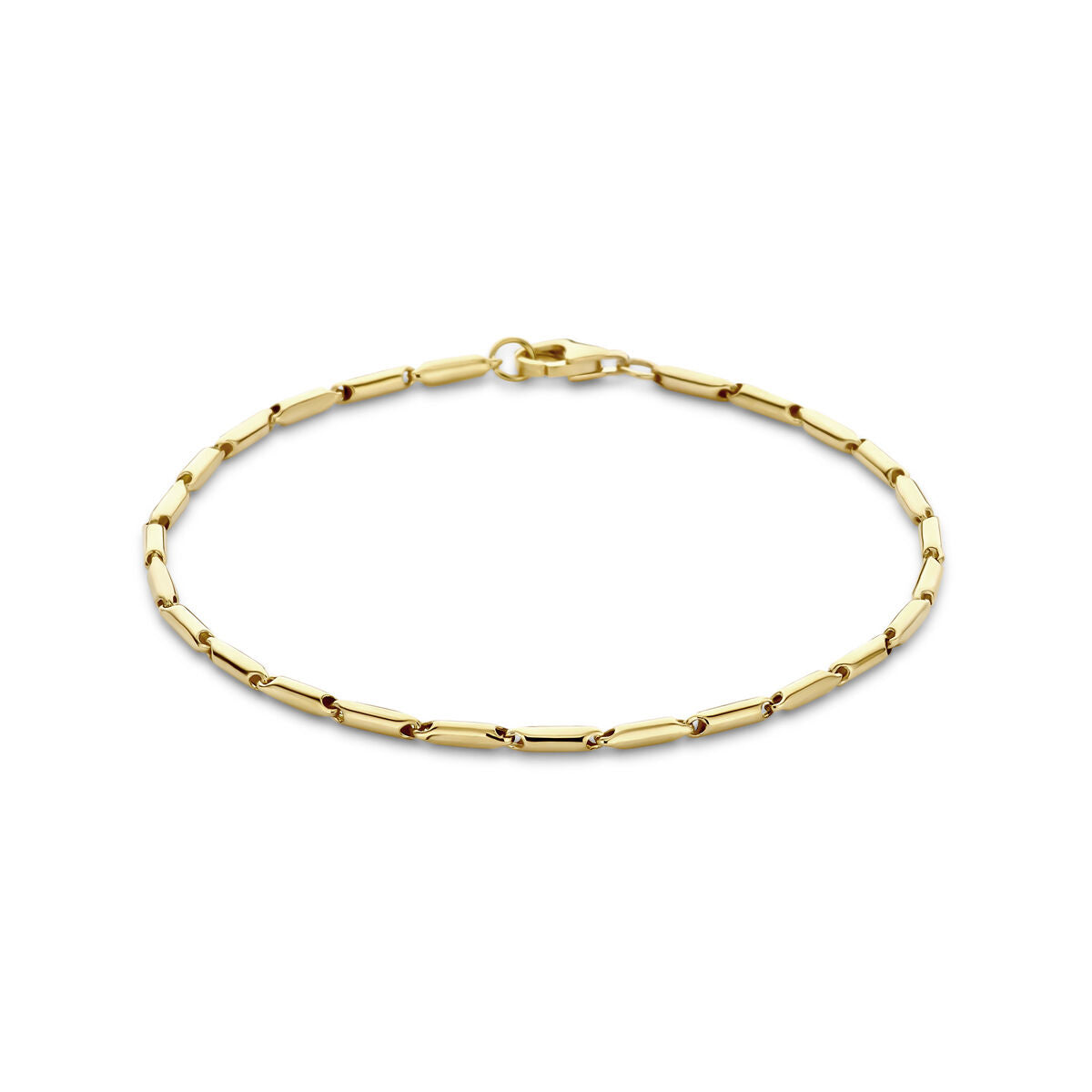 Pulsera de 14 quilates en oro amarillo, con eslabones rectangulares de 1,9 mm y longitud de 19 cm.