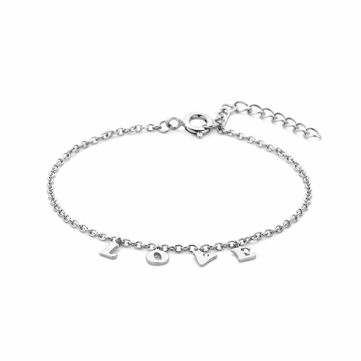 Pulsera de plata con la palabra "love" en letras colgantes y acabado rodiado.